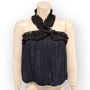 INTERMIX Silk Navy and Black Ruffled Pleated Halter Top Blouse P/S